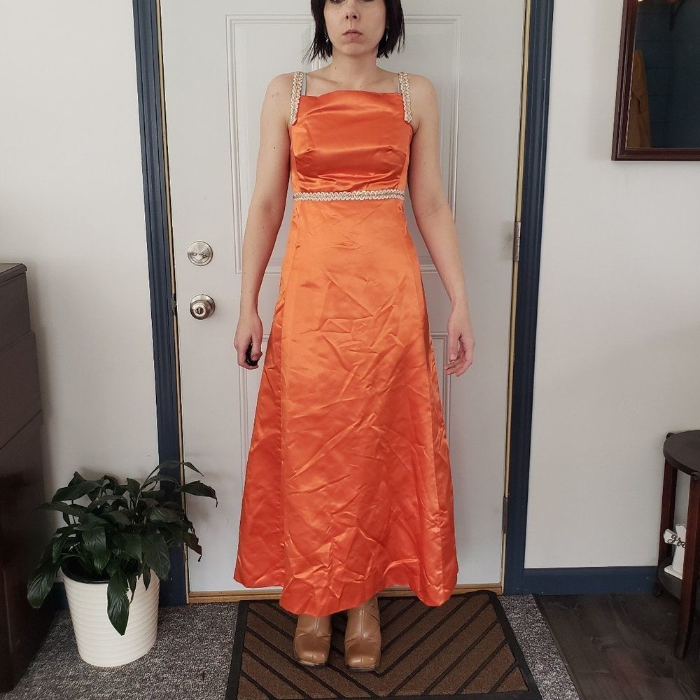 70s Handmade Orange Satin Dress and Jacket - Picture 1 of 5